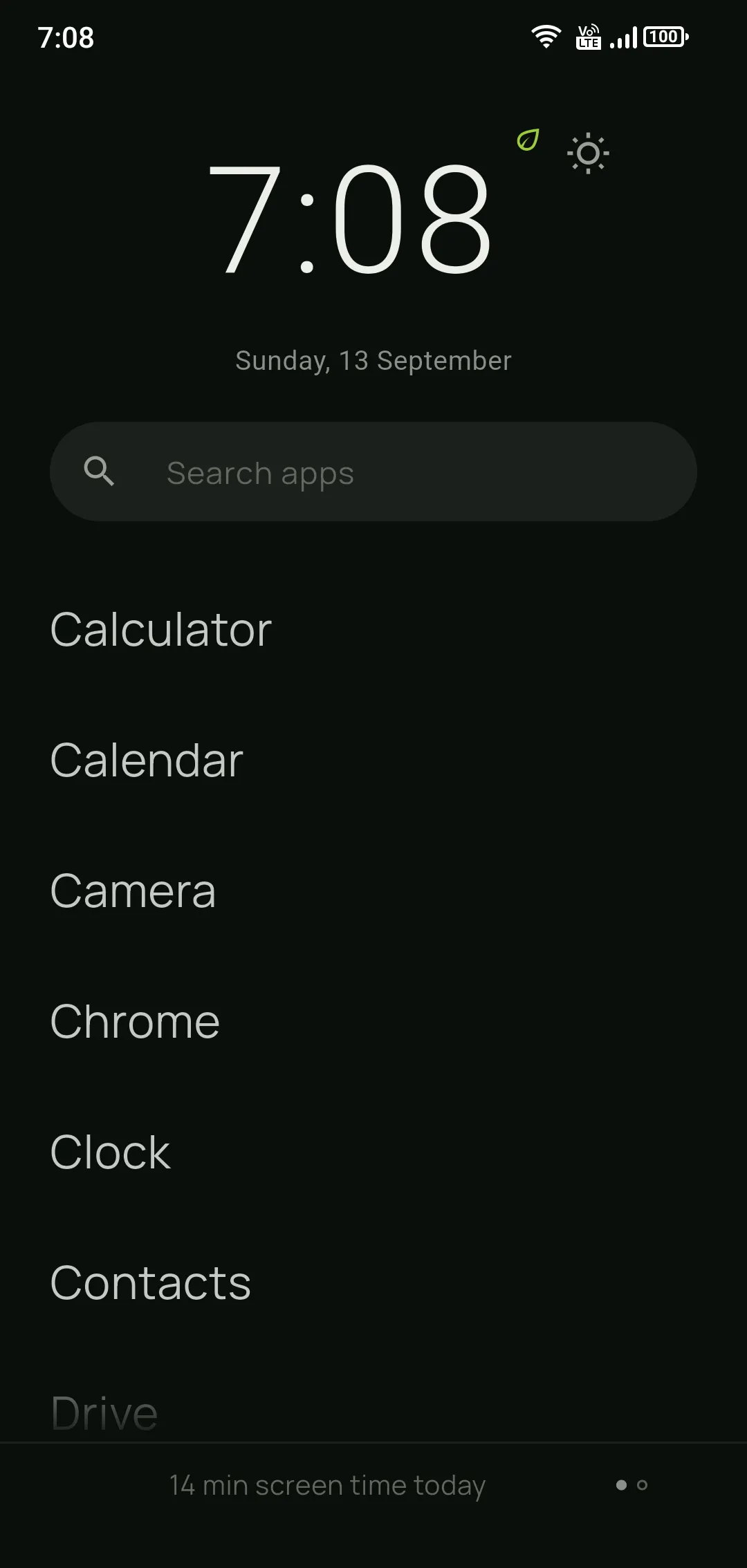 StillPhone home screen: a large clock, a search field and a plain app list with no icons; today's screen time at the bottom